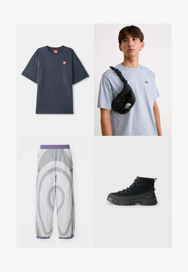 Temno mornarsko modra kratka majica iz bombaža z rdečim logotipom na levem prsnem delu in klasičnim okroglim izrezom.; Lahki, sivi, vzorirani hlače z belim vijugastim dizajnom. Imajo elastičen pas in zožene manšete z vijoličnimi poudarki.; Črne pohodne čevlje s suede zgornjim delom, trdim gumijastim podplatom in ojačanimi ušesi za vezalke. Imajo tab za poteg na hrbtni strani za enostavno obuvanje.; Črn najlonov crossbody nahrbtnik z nastavljivim paščkom, ki ima vidno belo logotip. Nosi se čez svetlo modro majico. Preprost, funkcionalen dizajn.
