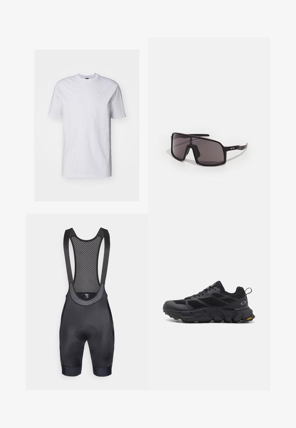 Fehér pamut póló rövid ujjakkal és kerek nyakkivágással. Apró, diszkrét világoskék logóval rendelkezik a mellkasán. Sima textúra.; Fekete kerékpáros nadrágpánt, hálós hátrész panelt tartalmaz, párnázott ülőrésszel és rugalmas lábmandzsettákkal a kényelmes illeszkedésért.; Fekete sportcipők masszív talppal, hálós és szintetikus felsőrésszel, texturált díszítésekkel és Vibram márkázással a külső talpon.; Fekete téglalap alakú napszemüveg sötét lencsékkel, széles kerettel és karcsú fekete szárakkal. A templikon logó található. Simább textúra.