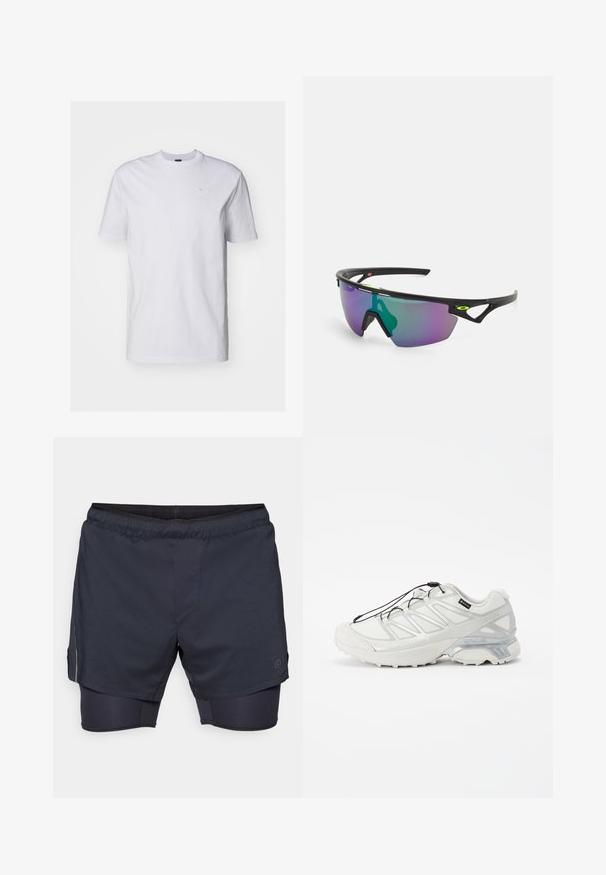 Fehér pamut póló rövid ujjakkal és kerek nyakkivágással. Apró, diszkrét világoskék logóval rendelkezik a mellkasán. Sima textúra.; Férfi sportnadrág sötét tengeri kék színben, rugalmas derékkal, réteges kialakítással és belső kompressziós shortssal. Bordázott zsebbel és logóval rendelkezik.; Fehér sportcipő strukturált hálós felsőrésszel, fényvisszaverő részletekkel és párnázott talppal. Rugalmas fűzőkkel és szürke díszítéssel rendelkezik.; Fekete keretes sport napszemüveg, nagy, lila és zöld árnyalatú, gradiens lencsével, szögletes formatervezési kiemelésekkel és logó részletekkel.