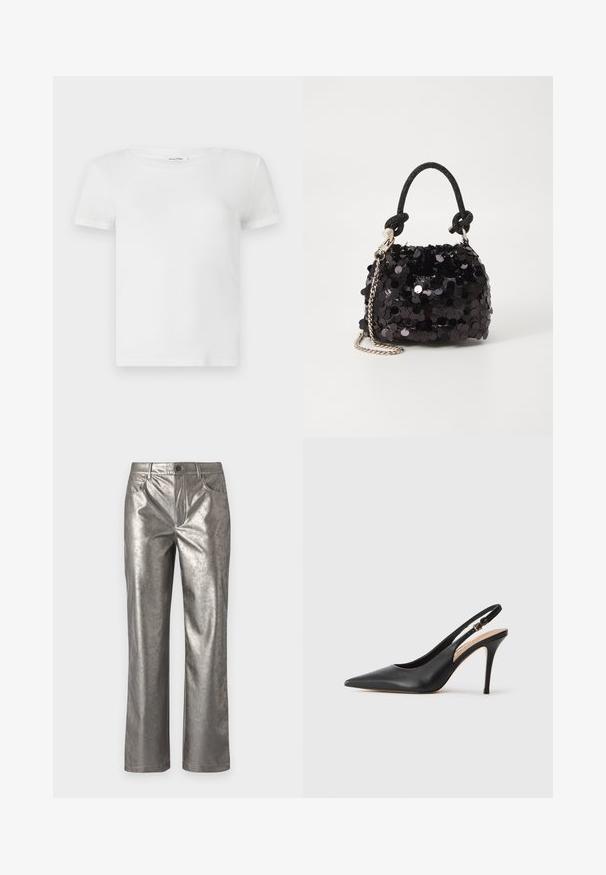 Bjela pamučna majica s okruglim izrezom i kratkim rukavima. Tkanina izgleda glatko s laganom teksturom i bez vidljivih uzoraka.; Metalne srebrne hlače ravnog kroja, s pet džepova i kopčanjem na gumb. Glatka tekstura s suptilnim sjajem i minimalistički dizajn.; Crna kožna cipelica s visokom petom i otvorenom petom, s oštrim vrhom, glatkom teksturom i delikatnom trakicom s metalnom kopčom.; Crna mini torbica sa šljokicama, s čvorastim teksturiranim remenom i srebrnim lancem. Zaobljenog oblika s naboranim vrhom i reflektivnim detaljima.