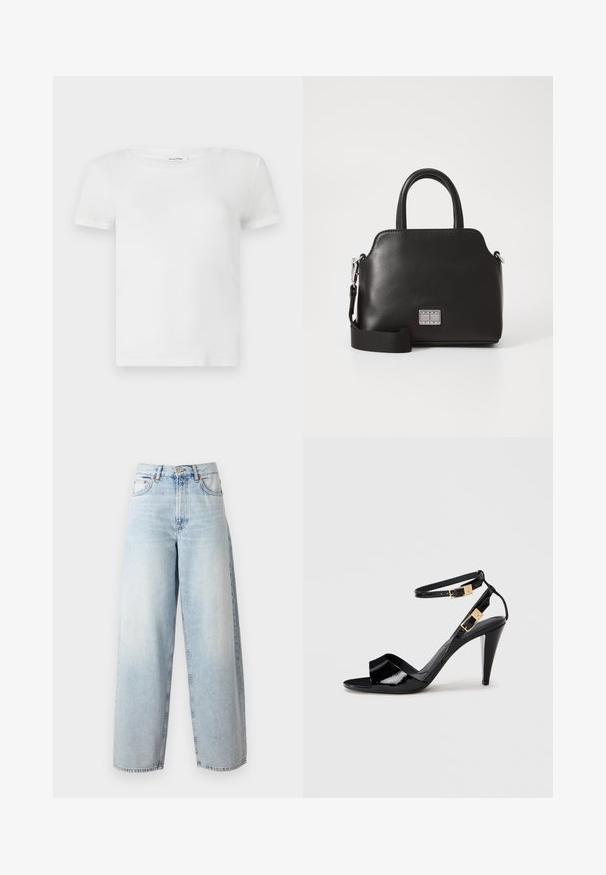 Fehér pamut póló kerek nyakkal és rövid ujjakkal. Az anyag simának tűnik, könnyű textúrával és látható minták nélkül.; Samsøe Samsøe HARPER - Széles szárú - frozen snow; Fekete lakkbőr magas sarkú szandál dupla bokapánttal és arany csatokkal, nyitott orral és karcsú, lefelé elkeskenyedő sarokkal semleges háttér előtt.; Fekete szintetikus kézitáska, felső fogantyúkkal, levehető vállpánttal, kerek formával, sima textúrával és ezüst logóval az elején.