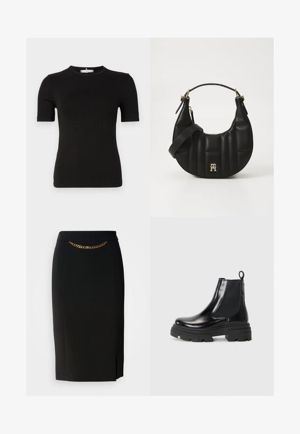 T-shirt noir à côtes avec un col rond et des manches courtes. Le tissu a une texture lisse et une coupe ajustée.; Jupe crayon noire avec une légère fente, dotée d'un détail en chaîne dorée à la taille. Fabriquée dans un tissu lisse et extensible pour plus de confort.; Bottines en cuir noir à la conception élégante, avec panneaux élastiques sur les côtés et une semelle épaisse noire. Dotées d'une tirette à l'arrière pour un enfilage facile.; Sac à main en cuir noir avec une forme incurvée, texture matelassée et quincaillerie dorée. Dispose d'une bandoulière amovible et d'un détail de logo.