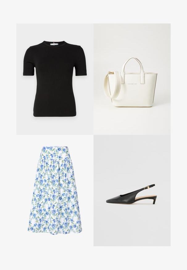 Schwarz geripptes T-Shirt mit rundem Halsausschnitt und kurzen Ärmeln. Der Stoff hat eine glatte Textur und eine figurbetonte Form.; Blumiger Rock mit weißem Hintergrund, blauen Blumen und grünen Blättern, strukturierter Taille und gerafftem Design für Fülle.; Schwarze Leder Slingback-Pumps mit spitzer Zehe, niedrigem Absatz und verstellbarem Knöchelriemen mit einer goldfarbenen Schnalle. Glatte Textur.; Weiße Handtasche aus Kunstleder mit kurzen Henkeln, verstellbarem Schulterriemen und goldfarbener Hardware; verfügt über ein dezentes Logo auf der Vorderseite.