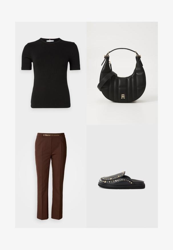 Zwarte geribbelde t-shirt met een ronde halslijn en korte mouwen. De stof heeft een gladde textuur met een getailleerde pasvorm.; Bruine op maat gemaakte broek met een gladde textuur, voorzien van een gouden kettingaccent bij de taille en een rechte pijpdesign.; Zwarte leren instappers met een ronde neus, voorzien van metalen studs en een vlakke zool met textuurgroeven. Decoratieve stikdetails aanwezig.; Zwarte leren handtas met een gebogen vorm, gevoerd textuur en gouden hardware. Beschikt over een afneembare schouderband en logo-detail.