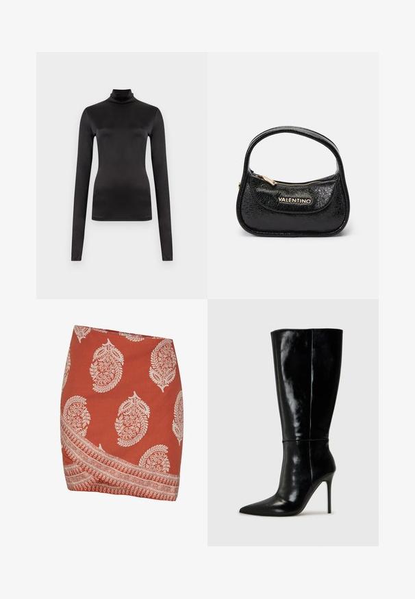 Tricou cu mâneci lungi, negru, dintr-un material neted și elastic. Design ajustat cu guler înalt și fără modele sau embellismente vizibile.; Fustă de culoare ruginiu cu modele paisley și florale albe. Prezintă un tiv diagonal și un design complex de bordură pe marginea de jos.; Botine din piele neagră, până la genunchi, cu vârf ascuțit și tocuri înalte de tip stiletto. Textură netedă și design elegant, cu detalii minime.; Geantă de umăr din piele neagră cu un finisaj texturat, formă rotundă și un singur mâner. Caracteristici: buzunar cu fermoar frontal și branding în tonuri de aur.