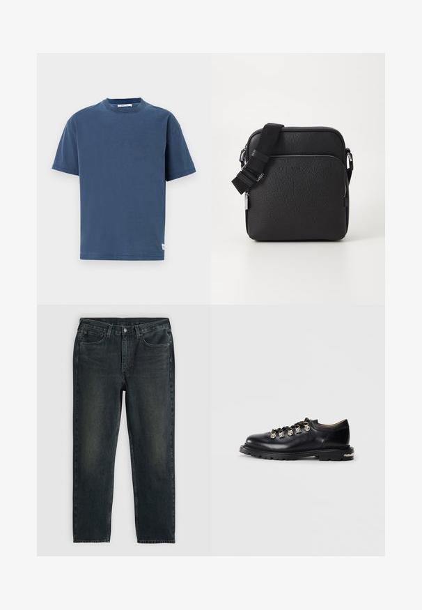 Mornarsko modra bombažna majica s kratkimi rokavi, okrog Tim, običajen kroj, enostaven dizajn, vsebuje majhno oznako logotipa na robu.; Temno modri traper hlače z ravnim krojem, opremljene s petimi žepi, zadrgo in kontrastnim šivom. Nežna bledica na tkanini.; Črne usnjene nizke čevlje s debelim podplatom, kovinskimi očesi, okrasnimi srebrnimi čarami na vezalkah in teksturiranim oprijemom na podplatu.; Črna usnjena torbica prek telesa z teksturirano površino, ki vključuje sprednjo žepno zadrgo, nastavljiv trak in kovinske okrasne detajle.