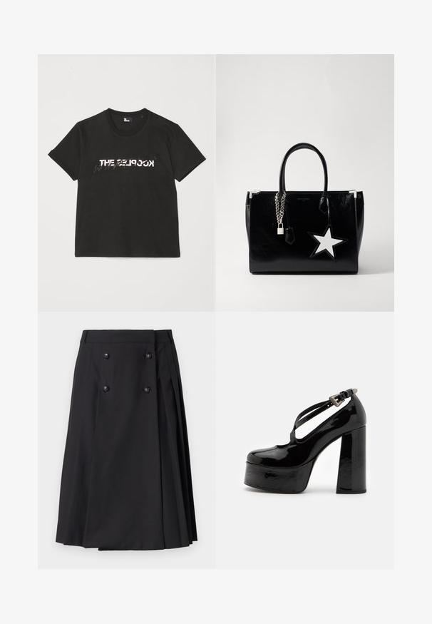Schwarzes Baumwoll-T-Shirt mit kurzen Ärmeln, das ein gedrucktes weißes und graues "THE 2LOOK"-Design auf der Vorderseite zeigt. Klassischer Rundhalsausschnitt.; The Kooples JUPE - A-Linien-Rock - black; The Kooples CHAUSSURES - High Heel Pumps - black; Schwarze Handtasche aus lackiertem Leder mit eleganter Form. Mit silberner Kettenhardware, einem Schloss und einem weißen Sternelement an der Seite.