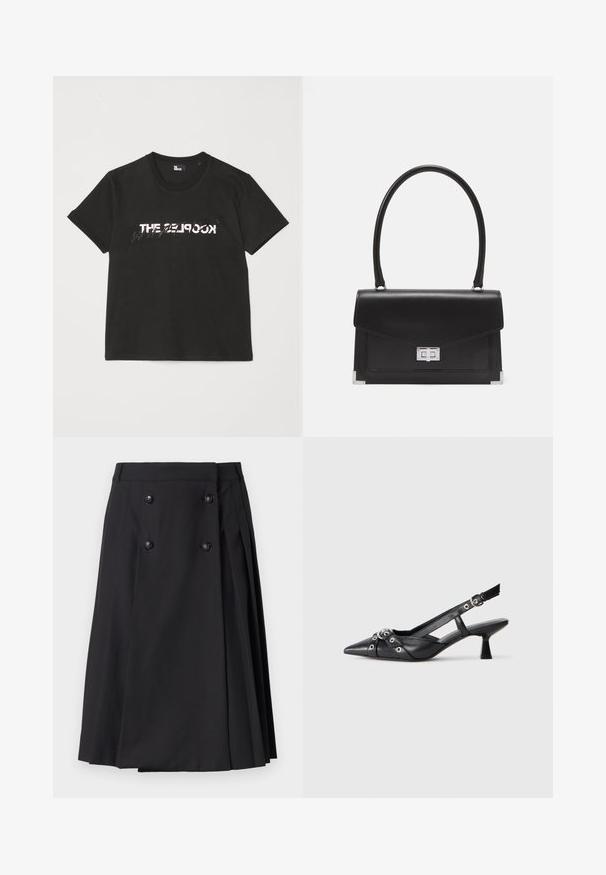 Must mustriba t-särk lühikeste varrukatega, mille ees on valge ja hall "THE 2LOOK" disain. Klassikaline ümmargune kaelus.; The Kooples JUPE - A-lõikeline seelik - black; Must must have must toote tõmblukuga, dekoratiivsed rihmad metallist silmadega ja madal blokk-kand. Tekstureeritud pind.; Mustmust mustkott mustmustu kujundusega, ülemise käepidemega ja hõbedase sulgemisega. Omab nurkades aktsente ja sujuvat tekstuuri.