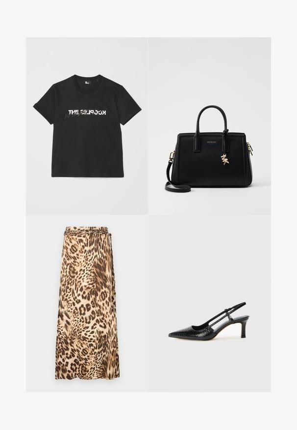 Schwarzes Baumwoll-T-Shirt mit kurzen Ärmeln, das ein gedrucktes weißes und graues "THE 2LOOK"-Design auf der Vorderseite zeigt. Klassischer Rundhalsausschnitt.; Leopardenmuster, fließender Maxirock in beige und braunen Tönen mit einem geflochtenen Taillendetail. Glatter Stoff mit einer drapierten Silhouette.; Schwarze Lack-Slingback-Pumps mit spitzem Zehenbereich, versehen mit strukturiertem Schlangenprint, verstellbarem Riemen und einem kurzen, strukturierten Blockabsatz.; Schwarze Ledertasche mit strukturiertem Design, doppelten oberen Griffen, abnehmbarem Schulterriemen, goldfarbenen Beschlägen und einem Logo-Anhänger.