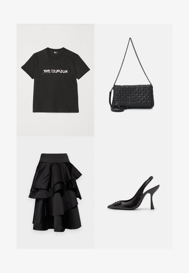 Fekete pamut póló rövid ujjakkal, elöl fehér és szürke "THE 2LOOK" felirattal. Klasszikus kerek nyakkivágás.; Fekete, több rétegű szoknya, számos fodorral. Feszes derékrésszel és lágy eséssel rendelkezik, sima, selyemhez hasonló anyagból készült.; Fekete bőr pántos cipő hegyes orral, karcsú magas sarkával és dekoratív masnival. Simaság és elegáns dizájn.; Fekete steppelt bőrtáska lánc pánttal, koponya díszítéssel és cipzáros záródással. Texturált felület, fényes befejezéssel.