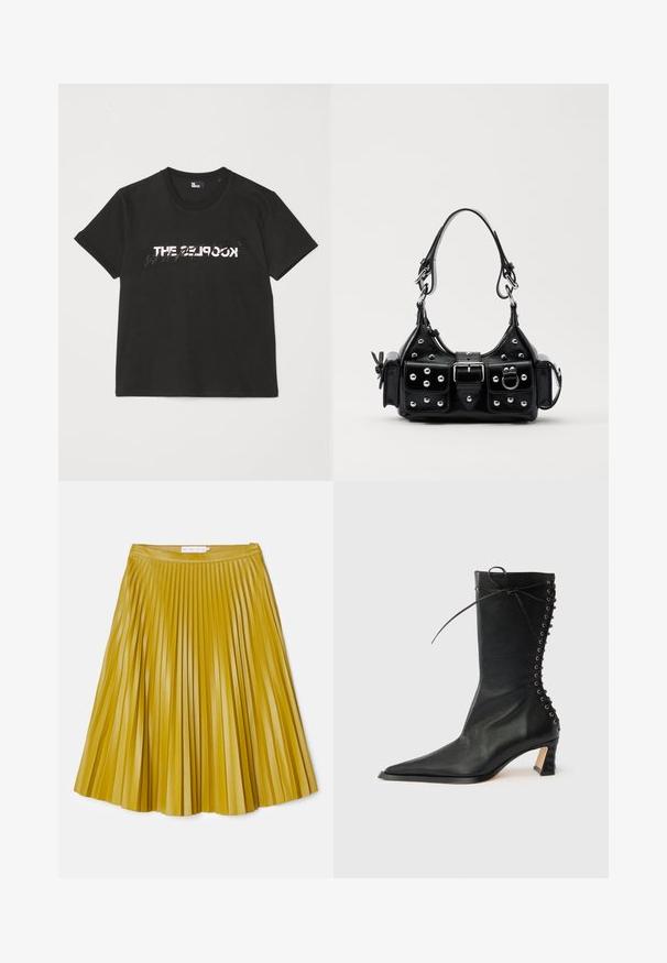 Čierne bavlnené tričko s krátkymi rukávmi, na prednej strane so potlačou bieleho a šedého dizajnu "THE 2LOOK". Klasický okrúhly výstrih.; Plisovaná sukňa v žiarivej horčicovej žltej farbe, vyrobená z hladkej, lesklej tkaniny. Má pás a siaha po strednú dĺžku.; Čierna kožená členková čižma so špicatou špičkou, úzkym podpätkom, šnurovacím detailom na zadnej strane a kovovými očkami. Hladká textúra s elegantným dizajnom.; Čierna kožená kabelka s zakriveným dizajnom, doplnená striebornými cvočkami, prackou a dvoma bočnými vreckami. Nastaviteľný popruh poskytuje rôzne možnosti nosenia.