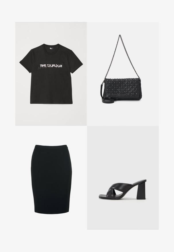 Fekete pamut póló rövid ujjakkal, elöl fehér és szürke "THE 2LOOK" felirattal. Klasszikus kerek nyakkivágás.; Fekete ceruza szoknya, jól illeszkedő sz Siluettal, sima, rugalmas anyagból készült. Közepes derékmagasságú és térd alatti hosszúságú.; MAX&Co. SOHO - Magas sarkú szandálok - schwarz; Fekete steppelt bőrtáska lánc pánttal, koponya díszítéssel és cipzáros záródással. Texturált felület, fényes befejezéssel.