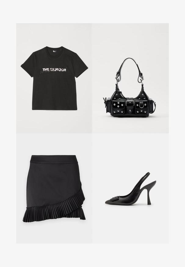 T-shirt di cotone nera con maniche corte, caratterizzata da una stampa bianca e grigia "THE 2LOOK" sul davanti. Collo girocollo classico.; Gonna nera con orlo pieghettato, caratterizzata da un design elegante, una texture liscia e un taglio asimmetrico lungo il bordo inferiore.; Scarpa a slingback nera in pelle con punta affilata, tacco alto e sottile, e un accentuato adorabile fiocco decorativo. Texture liscia e design elegante.; Borsa a mano in pelle nera con design curvo, caratterizzata da borchie argentate, una fibbia e due tasche laterali. Tracolla regolabile per diverse opzioni di trasporto.