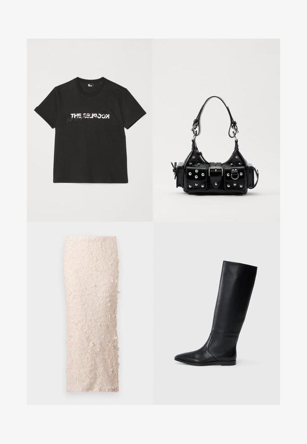 Črna bombažna majica s kratkimi rokavi, z belim in sivim natisnjenim dizajnom "THE 2LOOK" na sprednji strani. Klasičen kroj z okroglim izrezom.; Kremna svinčasta suknja od čipke s cvjetnim aplikacijama. Dizajn je prilagođen, s glatkom teksturom i detaljnim ukrasima.; Črne usnjene škornje do kolen z ostro špico in minimalističnim dizajnom. Gladka tekstura in ravna podplat, z diskretnimi stranskimi šivi.; Črna usnjena torbica s ukrivljenim dizajnom, ki vsebuje srebrne žebljičke, zaponko in dve stranski žepki. Nastavljiv trak za različne možnosti nošenja.