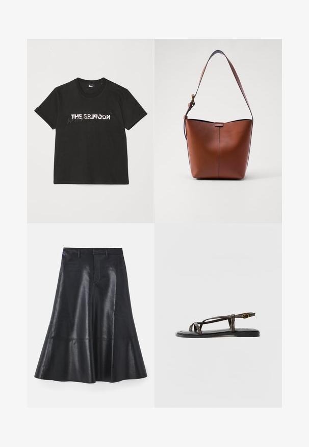 Černé bavlněné tričko s krátkým rukávem, na přední straně se tiskne bílý a šedý design "THE 2LOOK". Klasický kulatý výstřih.; Černá kožená sukně s rozšířeným designem, střední délky, s hladkým povrchem a diskrétními švy podél lemů.; Hnědé kožené sandály s křížovými popruhy, nastavitelnou přezkou na kotníku, plochou podrážkou a hladkým povrchem na vnitřní straně.; Hnědá kožená taška přes rameno s zakřiveným tvarem, hladkou texturou a jedním tenkým popruhem. Obsahuje jemný šev a malý detail loga.