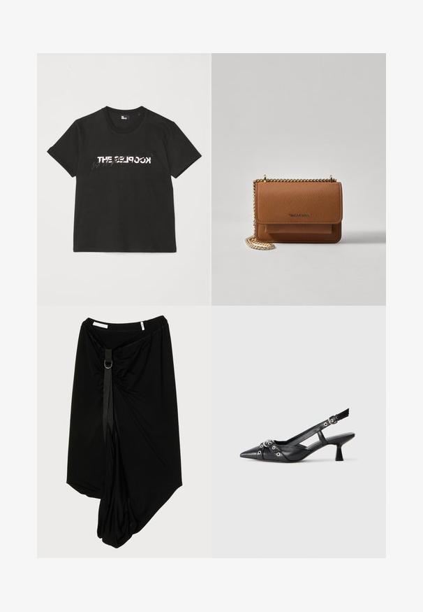 Sort bomulds t-shirt med korte ærmer, der har et trykt hvidt og gråt "THE 2LOOK" design over forsiden. Klassisk crew neck.; Sort asymmetrisk nederdel lavet af blødt stof, med en indsamlet front, dekorativ rem og metalring detaljer.; Sort lædersandal med spids tå, dekorative stropper med metaløjer og en lav blokhæl. Struktureret overflade.; Brun tekstureret læder crossover-taske med guldkæde-rem og klaplukning. Forsiden har logo-detalje og en lomme under klappen.