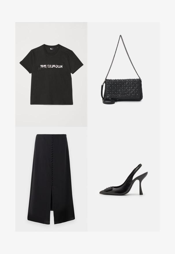 Czarna bawełniana koszulka z krótkim rękawem, z nadrukowanym białym i szarym wzorem "THE 2LOOK" na przodzie. Klasyczny okrągły dekolt.; Czarna midi spódnica z gładkiego materiału, z rozcięciem z przodu i rzędem małych guzików na plecach dla dodatkowego zdobienia.; Czółenka na obcasie z czarnej skóry z odkrytym piętą, o ostrym nosku, smukłym wysokim obcasie i dekoracyjną kokardą. Gładka tekstura i elegancki design.; Czarna pikowana skórzana torba z łańcuszkiem, ozdobiona akcentami czaszki i zamkiem błyskawicznym. Teksturowana powierzchnia o błyszczącym wykończeniu.
