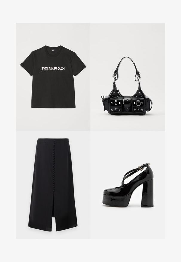 Czarna bawełniana koszulka z krótkim rękawem, z nadrukowanym białym i szarym wzorem "THE 2LOOK" na przodzie. Klasyczny okrągły dekolt.; Czarna midi spódnica z gładkiego materiału, z rozcięciem z przodu i rzędem małych guzików na plecach dla dodatkowego zdobienia.; The Kooples CHAUSSURES czarny; Czarna skórzana torebka w zakrzywionym kształcie, z srebrnymi ćwiekami, klamrą i dwoma bocznymi kieszeniami. Regulowany pasek umożliwiający różne opcje noszenia.
