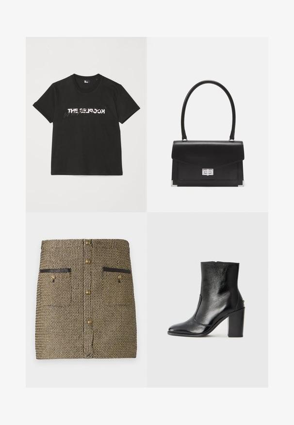 Sort bomulds t-shirt med korte ærmer, der har et trykt hvidt og gråt "THE 2LOOK" design over forsiden. Klassisk crew neck.; Vævet nederdel med et sort og guld mønster, to forlommer med sorte accenter og guldknapper ned ad midten.; Sorte læder ankelstøvler med en glat overflade, spids tå og en chunky høj hæl. Har en sidelukning og minimalistisk design.; Sort læderhåndtaske med et struktureret design, et topgreb og en sølvklips. Har hjørneaccenter og en glat tekstur.