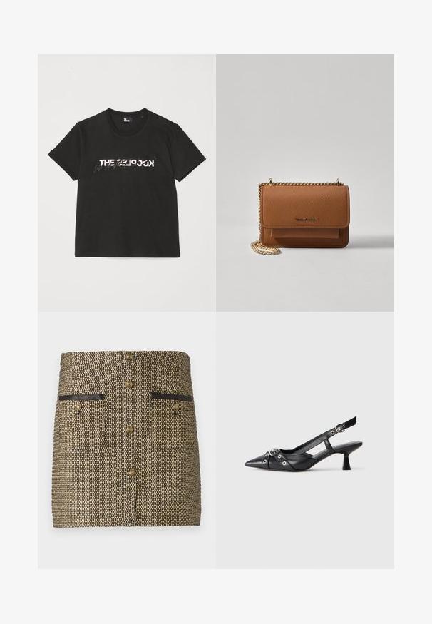 T-shirt di cotone nera con maniche corte, caratterizzata da una stampa bianca e grigia "THE 2LOOK" sul davanti. Collo girocollo classico.; Gonna tessuta con un motivo nero e oro, due tasche anteriori con dettagli neri e bottoni dorati centrali.; Scarpa slingback nera in pelle con punta affusolata, cinturini decorativi con occhielli metallici e tacco basso a blocco. Superficie testurizzata.; Borsa a tracolla in pelle marrone con texture, dotata di catena dorata e chiusura a pattina. Sul davanti presenta un dettaglio con logo e una tasca sotto la pattina.