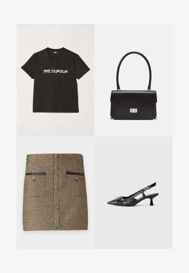 T-shirt di cotone nera con maniche corte, caratterizzata da una stampa bianca e grigia "THE 2LOOK" sul davanti. Collo girocollo classico.; Gonna tessuta con un motivo nero e oro, due tasche anteriori con dettagli neri e bottoni dorati centrali.; Scarpa slingback nera in pelle con punta affusolata, cinturini decorativi con occhielli metallici e tacco basso a blocco. Superficie testurizzata.; Borsa a tracolla in pelle nera con un design strutturato, manico superiore e chiusura in argento. Presenta accenti agli angoli e una texture liscia.