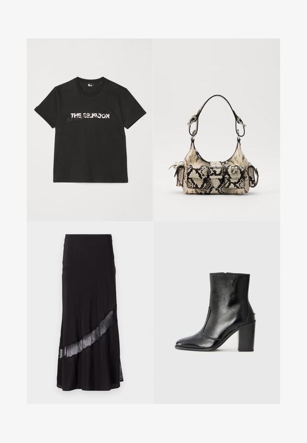T-shirt en coton noir à manches courtes, avec un motif imprimé blanc et gris "THE 2LOOK" sur le devant. Encolure ras du cou classique.; Jupe noire en tissu lisse, avec une insertion en dentelle en diagonale sur l'ourlet. Design évasé avec un léger éclat.; Bottine en cuir noir, avec une texture lisse, un bout pointu et un talon chunky haut. Présente une ouverture sur le côté et un design minimaliste.; Sac à main Python en beige et noir, avec une forme structurée, un détail à boucle et des doubles poignées. Surface texturée.
