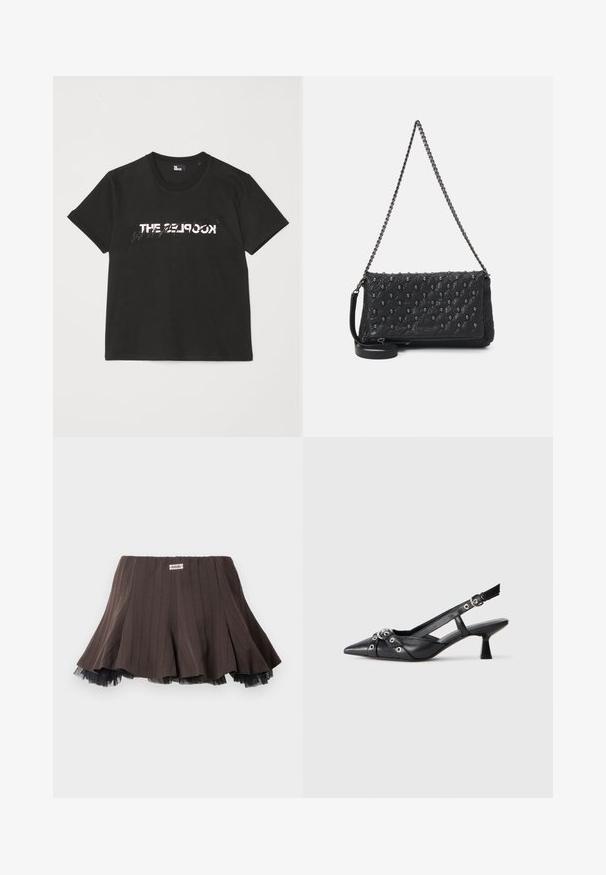 T-shirt di cotone nera con maniche corte, caratterizzata da una stampa bianca e grigia "THE 2LOOK" sul davanti. Collo girocollo classico.; Gonna a pieghe marrone in tessuto texture, con un bordo di tulle nero a strati all'orlo e una piccola etichetta logo in vita.; Scarpa slingback nera in pelle con punta affusolata, cinturini decorativi con occhielli metallici e tacco basso a blocco. Superficie testurizzata.; Borsa in pelle trapuntata nera con tracolla a catena, caratterizzata da dettagli a forma di teschio e chiusura con zip. Superficie texture con finitura lucida.