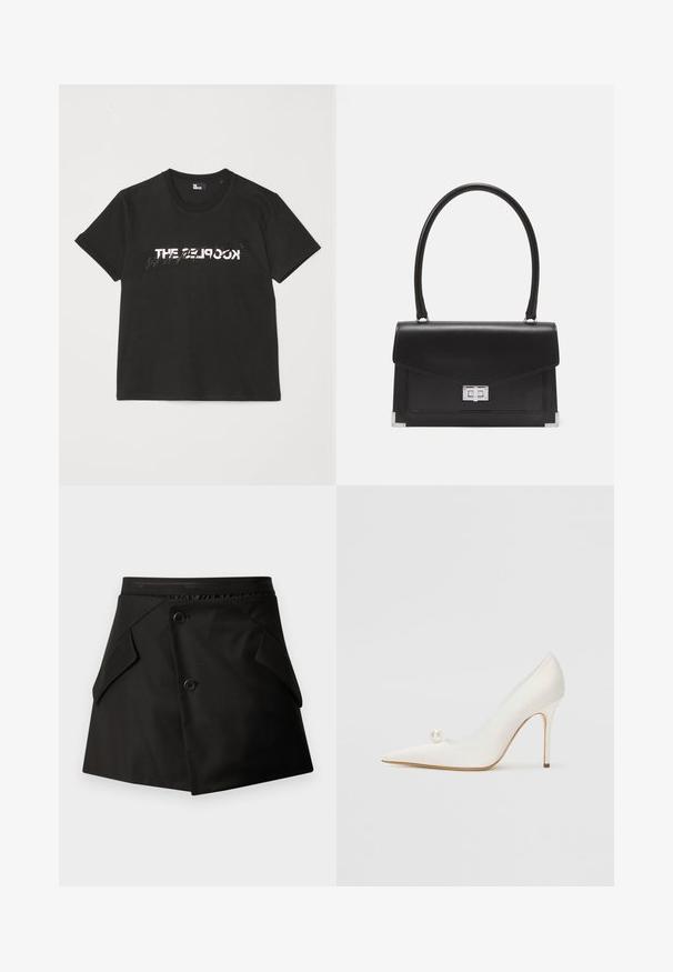 Musta puuvillapaita lyhyillä hihoilla, jossa on edessä painettu valkoinen ja harmaa "THE 2LOOK" -design. Klassinen pyöreä kaula-aukko.; Musta hame, jossa on rakenteellinen muotoilu, kahdella etutaskulla ja kahdella napilla. Valmistettu sileästä materiaalista, jossa on teksturoitu vyötärö.; Valkoinen, kärkikärkinen korkokenkä kiiltävässä viimeistelyssä, jossa on koristeellinen helmiyksitys sivussa ja hoikka stiletto-korko.; Mustassa nahka-salkku, jossa on selkeä muotoilu, yläkahva ja hopeinen hakasuljin. Sisältää kulma-elementtejä ja sileän pinnan.