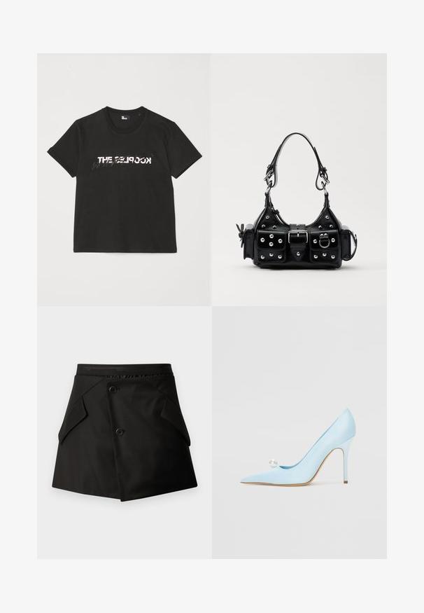 Melnas kokvilnas T-krekls ar īsām piedurknēm, kuram priekšpusē ir printēts balts un pelēks dizains "THE 2LOOK". Klasisks apaļais kakls.; Melna svārku svārki ar strukturētu dizainu, ar divām priekšējām kabatām un diviem pogām. Izgatavoti no gludas materiāla ar teksturētu jostas daļu.; GIABORGHINI Augsti papēži - blue; Melnas ādas rokturmais ar izliekumu, ar sudraba iedurtiem, sprādzi un divām sānu kabatām. Regulējams siksniņas garums dažādām nēsāšanas iespējām.