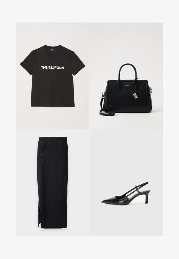 T-shirt de algodão preto com mangas curtas, apresentando um design impresso em branco e cinza "THE 2LOOK" na parte da frente. Gola redonda clássica.; Saia de ganga preta com cintura alta, apresentando uma abertura lateral e um design clássico de cinco bolsos. Textura suave e silhueta reta.; Salto slingback em patente preta com bico apontado, apresentando um padrão de pele de cobra texturizado, tira ajustável e um salto bloco curto e texturizado.; Malinha de couro preta com design estruturado, duas alças superiores, alça de ombro destacável, ferragens douradas e um charme com logótipo como destaque.