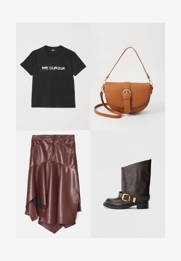 Tricou din bumbac negru, cu mâneci scurte, având un design imprimat alb și gri "THE 2LOOK" pe partea din față. Guler clasic rotund.; Fustă din piele ecologică maro cu o margine asimetrică și evazată, având două buzunare frontale și o textură netedă, lucioasă.; Cizme din piele maro închis, până la gamă, cu talpă neagră, toc mic și curea decorativă aurie în jurul gleznei, prezentate din lateral.; Geantă din piele maro, tip crossbody, cu o formă curbată, accesorii aurii și un accent cu cataramă. Dispune de un curea de umăr detașabilă.
