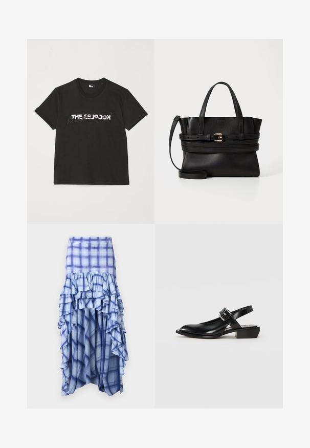 Fekete pamut póló rövid ujjakkal, elöl fehér és szürke "THE 2LOOK" felirattal. Klasszikus kerek nyakkivágás.; Kék kockás szoknya réteges fodrokkal, különböző árnyalatú kékekkel és kék-fehér kockás mintával. Könnyű anyagból készült, bokáig érő fazon.; Fekete bőr slingback cipő hegyes orral, négyzet alakú sarkával és állítható csattal. Simább textúrájú, minimalista dizájnnal.; Fekete bőr kézitáska strukturált dizájnnal, párhuzamos felső fogantyúkkal, levehető pánttal és arany csat díszítéssel egy vízszintes sávon.