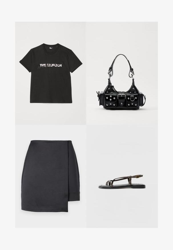 T-shirt di cotone nera con maniche corte, caratterizzata da una stampa bianca e grigia "THE 2LOOK" sul davanti. Collo girocollo classico.; Minigonna nera asimmetrica con pannello frontale a portafoglio su sfondo bianco.; Sandal in pelle marrone con cinturini incrociati, fibbia regolabile alla caviglia, suola piatta e una texture liscia sulla soletta.; Borsa a mano in pelle nera con design curvo, caratterizzata da borchie argentate, una fibbia e due tasche laterali. Tracolla regolabile per diverse opzioni di trasporto.