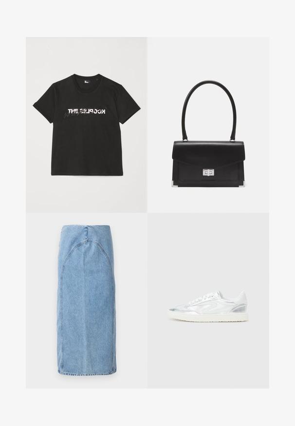 Melnas kokvilnas T-krekls ar īsām piedurknēm, kuram priekšpusē ir printēts balts un pelēks dizains "THE 2LOOK". Klasisks apaļais kakls.; Gaiši zila denima svārku, līdz ceļiem, ar pieguļošu formu un izliektiem šuvju detaļām. Piedāvā tīru apakšmalu un nav redzamu metāla daļu.; Bāli balti sporta apavi ar metālisku sudraba akcentu, gluda tekstūra, apaļš purngalis, plakana zole un tradicionāls saistīšanas dizains.; Melna ādas rokassoma ar strukturētu dizainu, augšējo rokturi un sudraba sprādzi. Iekļauj stūru akcentus un gludu tekstūru.