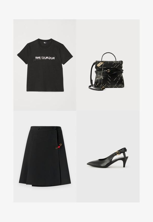 Czarna bawełniana koszulka z krótkim rękawem, z nadrukowanym białym i szarym wzorem "THE 2LOOK" na przodzie. Klasyczny okrągły dekolt.; Czarna spódnica o rozkloszowanym fasonie, z dwoma guzikami z przodu oraz złotym akcentem z czerwonym serduszkiem z boku. Gładka faktura materiału.; Czarne skórzane szpilki slingback z ostrym noskiem, małym obcasem i zapięciem na klamrę przy pasku kostki. Gładka tekstura, minimalistyczny design.; Czarna skórzana torebka z geometrycznym białym przeszyciem, z górnym uchwytem i odczepianym paskiem na ramię. Posiada złote akcenty i zamek błyskawiczny.