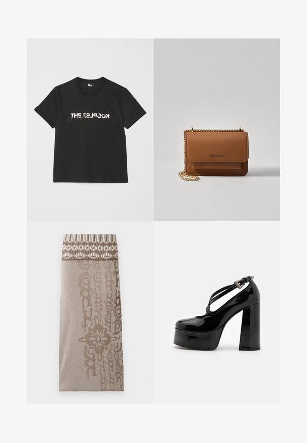 T-shirt di cotone nera con maniche corte, caratterizzata da una stampa bianca e grigia "THE 2LOOK" sul davanti. Collo girocollo classico.; Gonna in maglina color marrone chiaro con un elastico decorato in vita e corpo testurizzato con un delicato motivo a righe e elementi decorativi.; The Kooples CHAUSSURES - Decolleté - black; Borsa a tracolla in pelle marrone con texture, dotata di catena dorata e chiusura a pattina. Sul davanti presenta un dettaglio con logo e una tasca sotto la pattina.