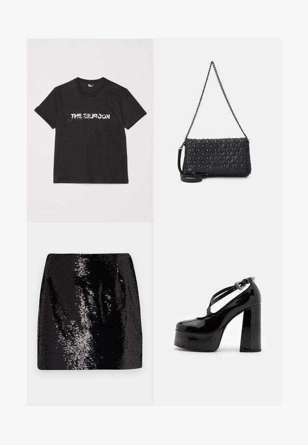 Zwarte katoenen t-shirt met korte mouwen, met een bedrukte witte en grijze "THE 2LOOK"-ontwerp over de voorkant. Klassieke ronde hals.; Zwarte pailletten minirok met een aansluitend ontwerp, hoge taille en glanzende textuur, met reflecterende oppervlakdetails en een strakke silhouet.; The Kooples CHAUSSURES - Hoge hakken - black; Zwarte gewatteerde leren tas met een kettinghengsel, voorzien van schedelaccenten en een ritssluiting. Getextureerd oppervlak met een glanzende afwerking.