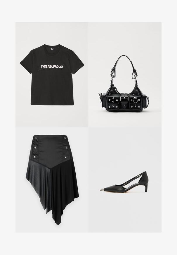 T-shirt de algodão preto com mangas curtas, apresentando um design impresso em branco e cinza "THE 2LOOK" na parte da frente. Gola redonda clássica.; Saia assimétrica preta em uma mistura de tecidos mate e texturizados, com detalhes em botões prateados na cintura e um design de barra em camadas.; Sapato de salto baixo em pele preta com biqueira pontiaguda prateada e duas tiras com fivela, em fundo branco.; Bolsa de couro preta com um design curvado, apresentando tachas prateadas, uma fivela e dois bolsos laterais. Alça ajustável para opções de transporte.