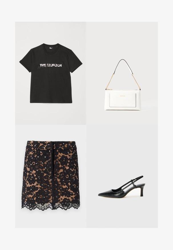 Zwarte katoenen t-shirt met korte mouwen, met een bedrukte witte en grijze "THE 2LOOK"-ontwerp over de voorkant. Klassieke ronde hals.; Zwarte kanten rok met bloemmotieven, decoratieve rhinestones, een geschulpte zoom en een aansluitend ontwerp. Hangt op Midden-dij lengte.; Zwart patent slingback hak met een spitse neus, voorzien van een gestructureerde slangenprint, verstelbare band en een korte, gestructureerde blokhak.; Witte leren handtas met een textuurafwerking, voorzien van een gouden schouderhengsel en zwarte accenten. Inclusief een voorvak en ritssluiting.