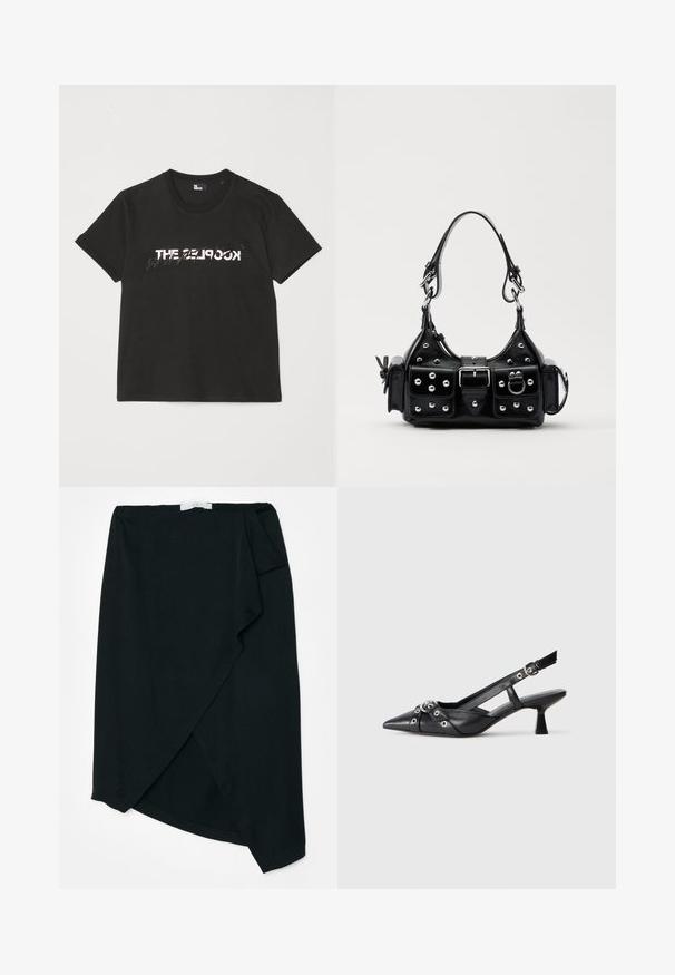 Black cotton t-shirt with short sleeves, featuring a printed white and gray "THE 2LOOK" design across the front. Classic crew neck.; Black wrap skirt in lightweight fabric with a subtle texture. Asymmetrical hemline and side pleat detail. No visible hardware or accents.; Black leather slingback shoe with a pointed toe, decorative straps featuring metal eyelets, and a low block heel. Textured surface.; Black leather handbag with a curved design, featuring silver studs, a buckle, and two side pockets. Adjustable strap for carrying options.