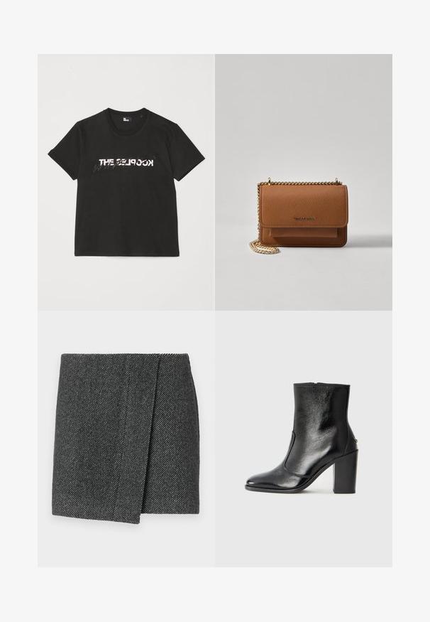 Sort bomulds t-shirt med korte ærmer, der har et trykt hvidt og gråt "THE 2LOOK" design over forsiden. Klassisk crew neck.; Grå nederdel med fiskebensmønster og omslag design, der har en struktureret stof og en ren, lige kant.; Sorte læder ankelstøvler med en glat overflade, spids tå og en chunky høj hæl. Har en sidelukning og minimalistisk design.; Brun tekstureret læder crossover-taske med guldkæde-rem og klaplukning. Forsiden har logo-detalje og en lomme under klappen.