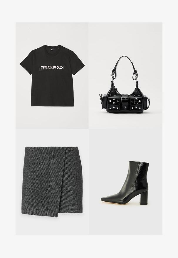 T-shirt en coton noir à manches courtes, avec un motif imprimé blanc et gris "THE 2LOOK" sur le devant. Encolure ras du cou classique.; Jupe à motif chevron gris avec un design enroulé, dotée d'un tissu texturé et d'un ourlet droit et épuré.; Bottines noires en cuir brillant avec un nez pointu et un talon large et carré. Présente une texture lisse et un design minimaliste.; Sac à main en cuir noir au design courbé, avec des clous en argent, une boucle et deux poches latérales. Bandoulière réglable pour différentes options de transport.