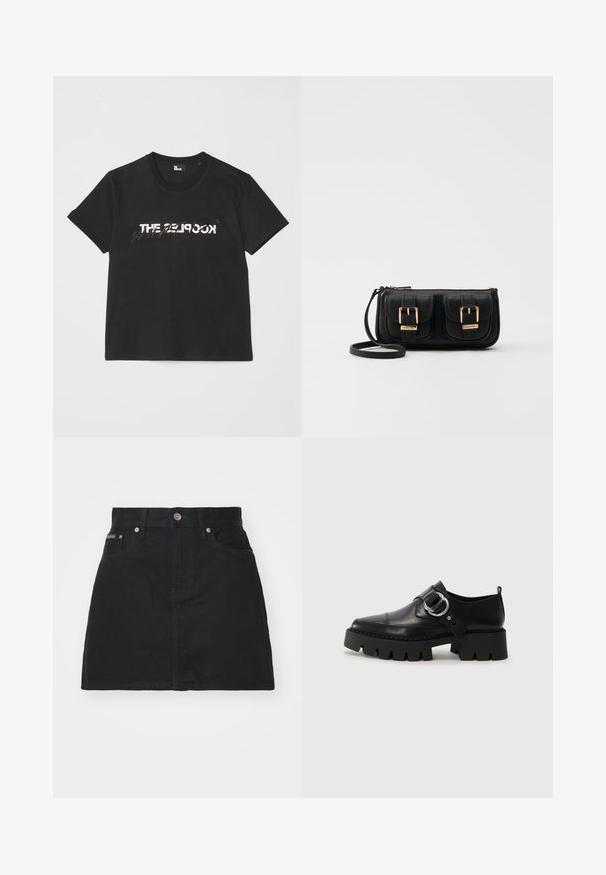 Fekete pamut póló rövid ujjakkal, elöl fehér és szürke "THE 2LOOK" felirattal. Klasszikus kerek nyakkivágás.; Fekete farmer szoknya egyenes szabással, öt zsebbel és fémgombbal. Továbbá varrási részletekkel és márkás címkével rendelkezik a derékpánton.; Fekete bőr cipők tömzsi, bordázott talppal, kerek ezüst hardware díszítéssel és minimális varrási részletekkel.; Fekete bőr keresztbody táska két elülső zsebbel, arany csattokkal, cipzáras záródással és vékony pánttal. Textúrált felület és kompakt téglalap alak.