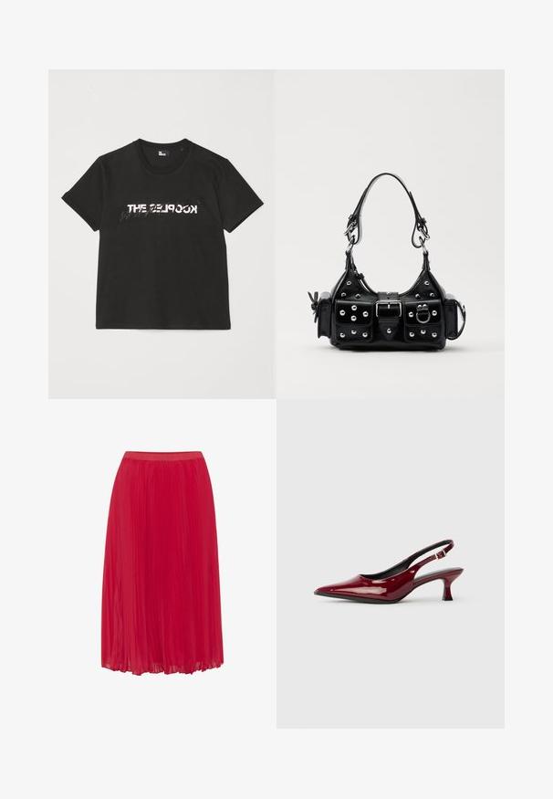 Černé bavlněné tričko s krátkým rukávem, na přední straně se tiskne bílý a šedý design "THE 2LOOK". Klasický kulatý výstřih.; Červená plisovaná sukně z hladkého, lehkého materiálu. Obsahuje elastický pas a volný design pro snadnost pohybu.; Burgundské lakované lodičky na podpatku se špičatou špičkou a elegantním jehlovým podpatkem. Otevřená zadní část s nastavitelným páskem kolem kotníku.; Černá kožená kabelka s křivkovým designem, zdobená stříbrnými hřebíky, s přezkou a dvěma bočními kapsami. Nastavitelný popruh pro různé možnosti nošení.