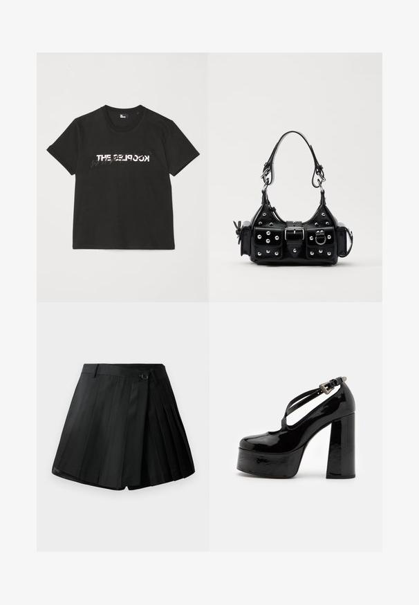 Czarna bawełniana koszulka z krótkim rękawem, z nadrukowanym białym i szarym wzorem "THE 2LOOK" na przodzie. Klasyczny okrągły dekolt.; Czarne plisowane szorty z płaskim przodem, zapięciem na guzik i lekkiego materiału. Zdobione wyraźnymi plisami i prostym wykończeniem.; The Kooples CHAUSSURES czarny; Czarna skórzana torebka w zakrzywionym kształcie, z srebrnymi ćwiekami, klamrą i dwoma bocznymi kieszeniami. Regulowany pasek umożliwiający różne opcje noszenia.
