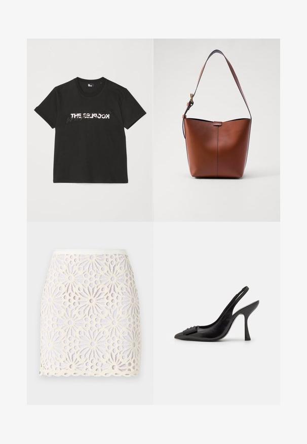 Černé bavlněné tričko s krátkým rukávem, na přední straně se tiskne bílý a šedý design "THE 2LOOK". Klasický kulatý výstřih.; Bílá krajková mini sukně s květinovými vzory a výřezovými detaily. Lem je scalloped a pás je hladký s mírným leskem.; Černá kožená slingback obuv se špičatou špičkou, úzkým vysokým podpatkem a dekorativním mašličkovým prvkem. Hladká textura a elegantní design.; Hnědá kožená taška přes rameno s zakřiveným tvarem, hladkou texturou a jedním tenkým popruhem. Obsahuje jemný šev a malý detail loga.