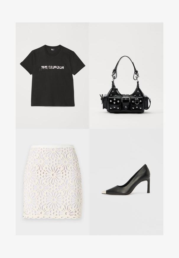 Čierne bavlnené tričko s krátkymi rukávmi, na prednej strane so potlačou bieleho a šedého dizajnu "THE 2LOOK". Klasický okrúhly výstrih.; Biela čipkovaná mini sukňa s kvetinovými vzormi a výrezmi. Lem je vlnkovaný a pás je hladký so slabým leskom.; Čierna kožená lodička s vysokým opätkom, špičkou a kovovou striebornou špičkou. Má hladký povrch a štíhly 10 cm opätok.; Čierna kožená kabelka s zakriveným dizajnom, doplnená striebornými cvočkami, prackou a dvoma bočnými vreckami. Nastaviteľný popruh poskytuje rôzne možnosti nosenia.