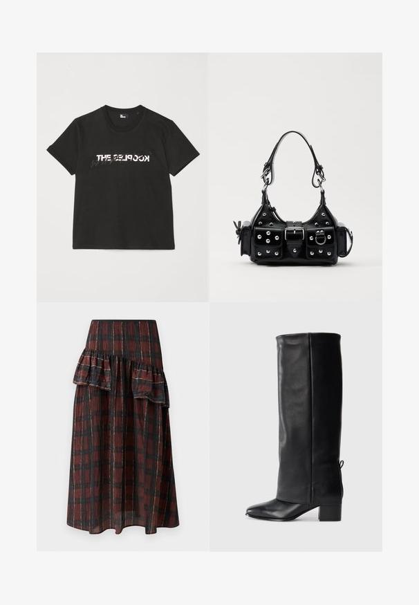 Black cotton t-shirt with short sleeves, featuring a printed white and gray "THE 2LOOK" design across the front. Classic crew neck.; Maxi skirt in dark red and black checkered pattern, featuring layered ruffles at the waist, made from lightweight fabric with a soft texture.; Black leather knee-high boots with a smooth finish, square toe, block heel, and side tie detail for adjustable fit.; Black leather handbag with a curved design, featuring silver studs, a buckle, and two side pockets. Adjustable strap for carrying options.