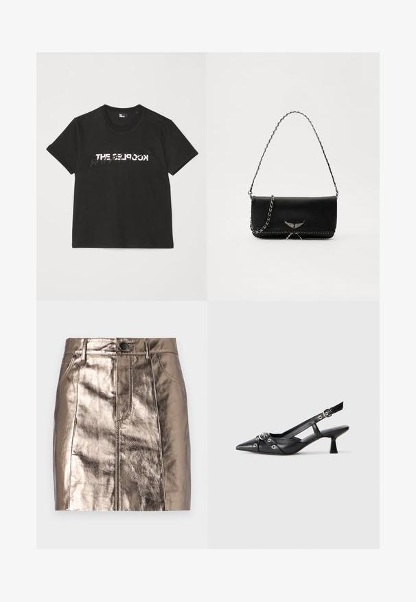 Czarna bawełniana koszulka z krótkim rękawem, z nadrukowanym białym i szarym wzorem "THE 2LOOK" na przodzie. Klasyczny okrągły dekolt.; Metaliczna brązowa mini spódnica z denimu o prostym kroju, z przednimi kieszeniami i paskiem w talii zapinanym na guzik. Gładka i błyszcząca faktura.; Czarne skórzane buty typu slingback z ostrym noskiem, ozdobnymi paskami z metalowymi oczkami oraz niskim klinowym obcasem. Teksturowana powierzchnia.; Czarna skórzana torebka z srebrnym łańcuszkiem, ozdobiona dekoracyjnymi skrzydłami i białym przeszyciem wzdłuż dolnego szwu.