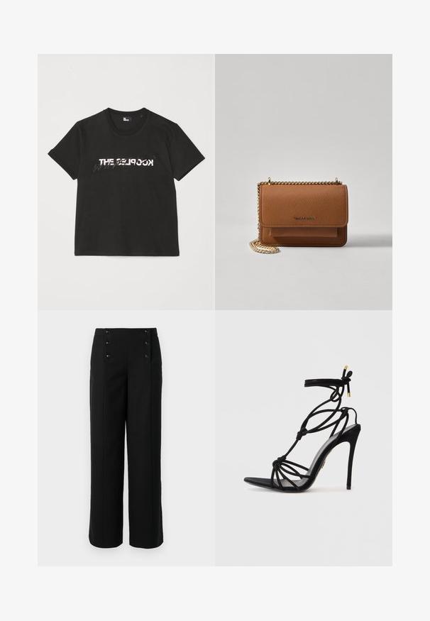 Schwarzes Baumwoll-T-Shirt mit kurzen Ärmeln, das ein gedrucktes weißes und graues "THE 2LOOK"-Design auf der Vorderseite zeigt. Klassischer Rundhalsausschnitt.; Schwarze weit geschnittene Hosen aus glattem Stoff mit hoher Taille und fünf vorderen Knöpfen zum Schließen. Elegantes, maßgeschneidertes Design.; Schwarze Stiletto-Sandale mit geknotetem Riemendesign, offener Spitze und schmalem Absatz. Glatte Textur mit goldfarbenen Akzenten an den Riemen.; Braune strukturierte Ledertasche mit goldener Kettenriemen und Klappenverschluss. Die Vorderseite zeigt ein Logo-Detail und eine Tasche unter der Klappe.